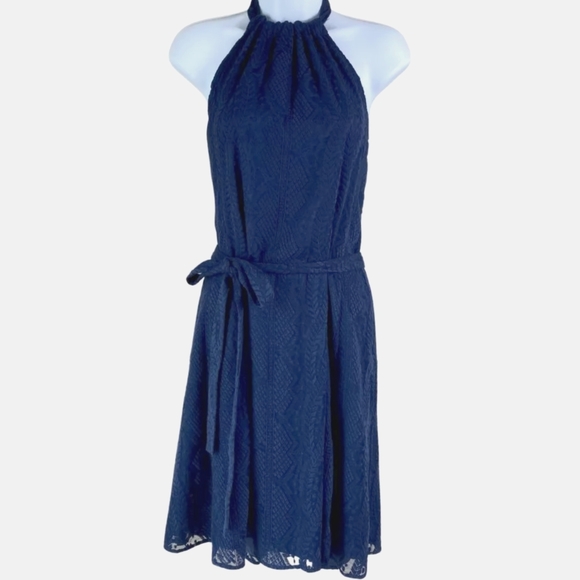 THEORY Dress Navy Summer Lace Crepe Halter Navy Blue Lined 10 - Picture 1 of 9